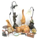 Two figural table lamps, carved wood boot, cat, miniature tripod table etc.,