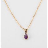 Boxed tear drop amethyst set in 9ct gold and chain 3.02 grams