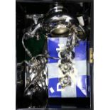 Silver plated three branch candelabra with scrolling arms on shaped base, silver plated tea pot,