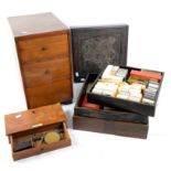 Set of apothecary's scales, box of projector slides and a small three drawer chest,