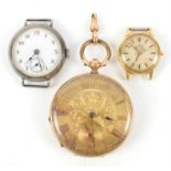 14ct gold cased pocket watch, Omega ladies watch and a silver cased wrist watch