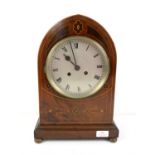 Early 20th century inlaid mahogany lancet arched mantel clock, with silvered dial,
