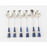 Set of 6, 990 grade silver and lapis lazuli spoons with twisted stems