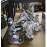 Lladro figural group of two geishas on a bridge and five other Lladro figures of Geishas, (6),