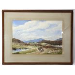 B. Judkins, mountainous landscape with young woman and donkey to foreground. Watercolour.