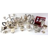 Silver plated items to include a cutlery, trays, a tureen, tea services, goblets and dishes