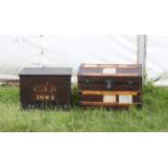 20th century dome top travel trunk with carry handles and a pine hinge-topped box marked 'CJB 1884'