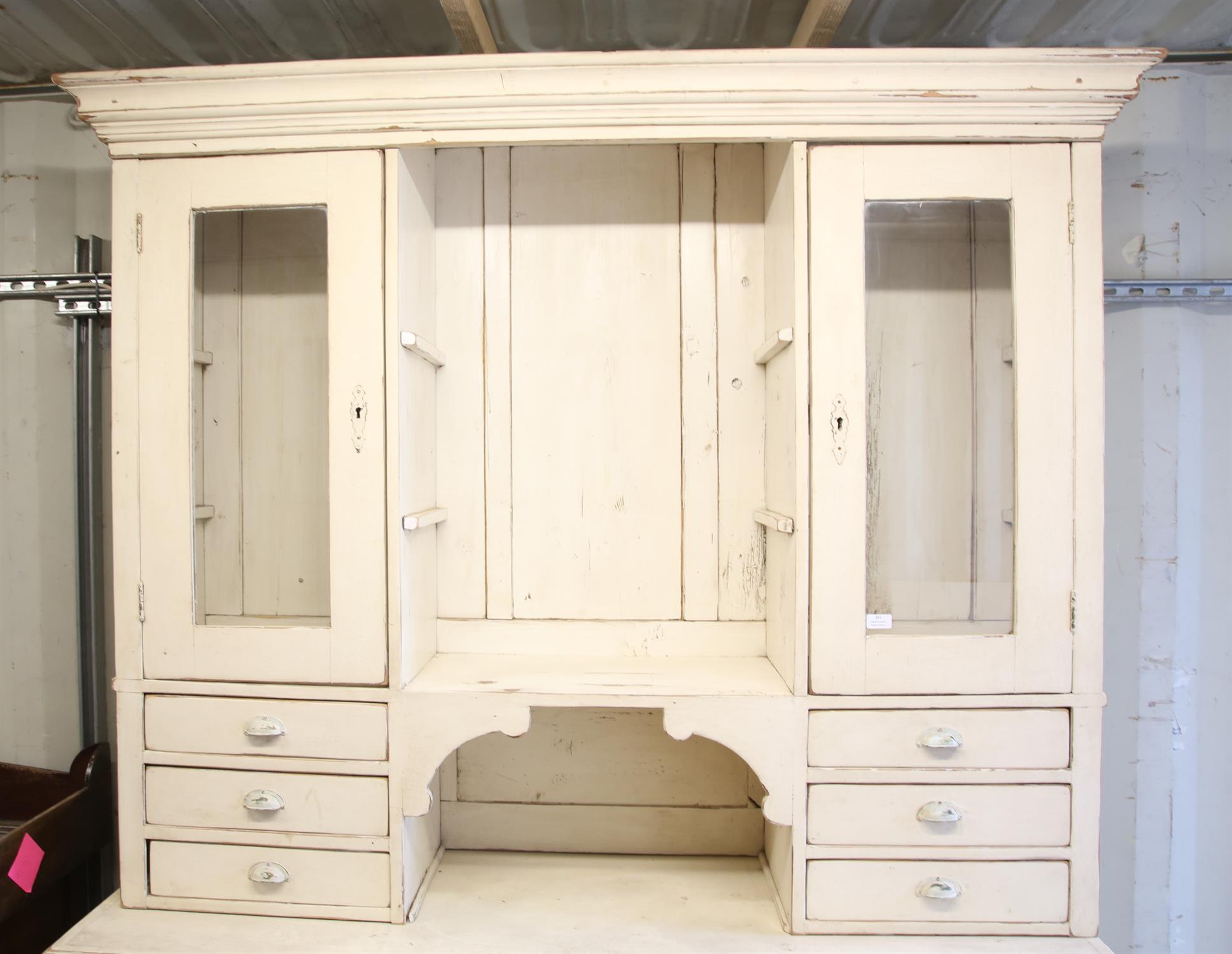 Painted pine dresser and rack, with glazed doors over six drawers on a base with four drawers and - Image 3 of 3