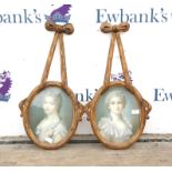 Pair of Regency style giltwood picture frames with ribbon tie frames, enclosing pastel portraits 62.