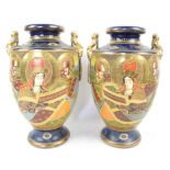Large pair of Japanese Satsuma vases with figural handles character marks on bases H39cm