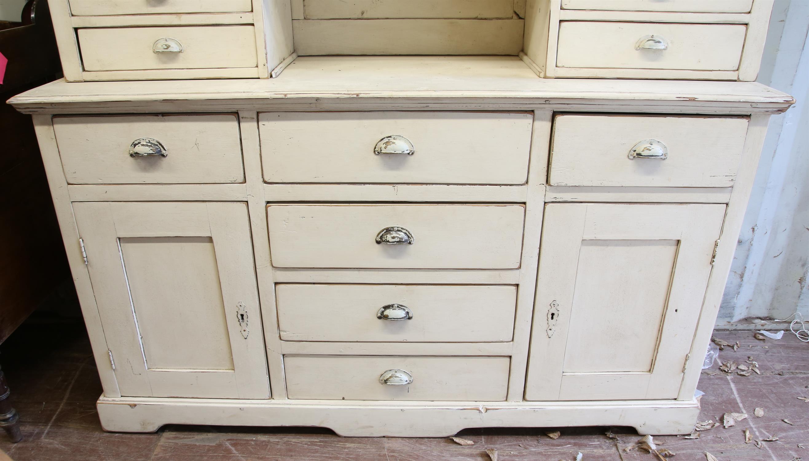 Painted pine dresser and rack, with glazed doors over six drawers on a base with four drawers and - Image 2 of 3