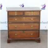 George II oak chest of two short and three long graduated drawers on later bracket feet,