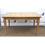 French limed wood and marble inset draw leaf table, with marquetry top on a rack and pinion