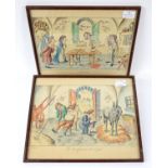 Pair of French coloured humorous lithographs, 25 x 32cm