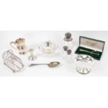Stainless steel Davidoff cigar cutters, cased, silver plated caviar dish with two glass bowls,
