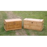 Victorian pine dome top pine trunk together with another similar metal bound trunk (2)