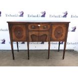 Reproduction cross banded mahogany sideboard, two drawers flanked by cupboards W129 x D53 x H91