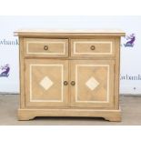 French limed wood and marble inset parquetry sideboard with three frieze drawers over three