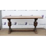 Oak refectory table with cup and cover supports, H75 W79 L183 cm and a set of six dining chairs,