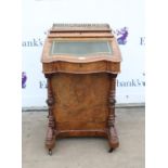 Victorian inlaid burr walnut Davenport desk, the raised hinged back enclosing a fitted interior