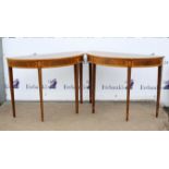 Pair of George III style mahogany and satinwood demi-lune side tables, with square tapering legs,