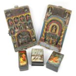 Two Russian papier mache boxes painted with scenes from fairy tales and another with a snowy