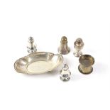 Silver Bon Bon dish, a pair of silver peppers and other silver items