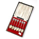 Cased set of six silver and emerald spoons Birmingham 1977