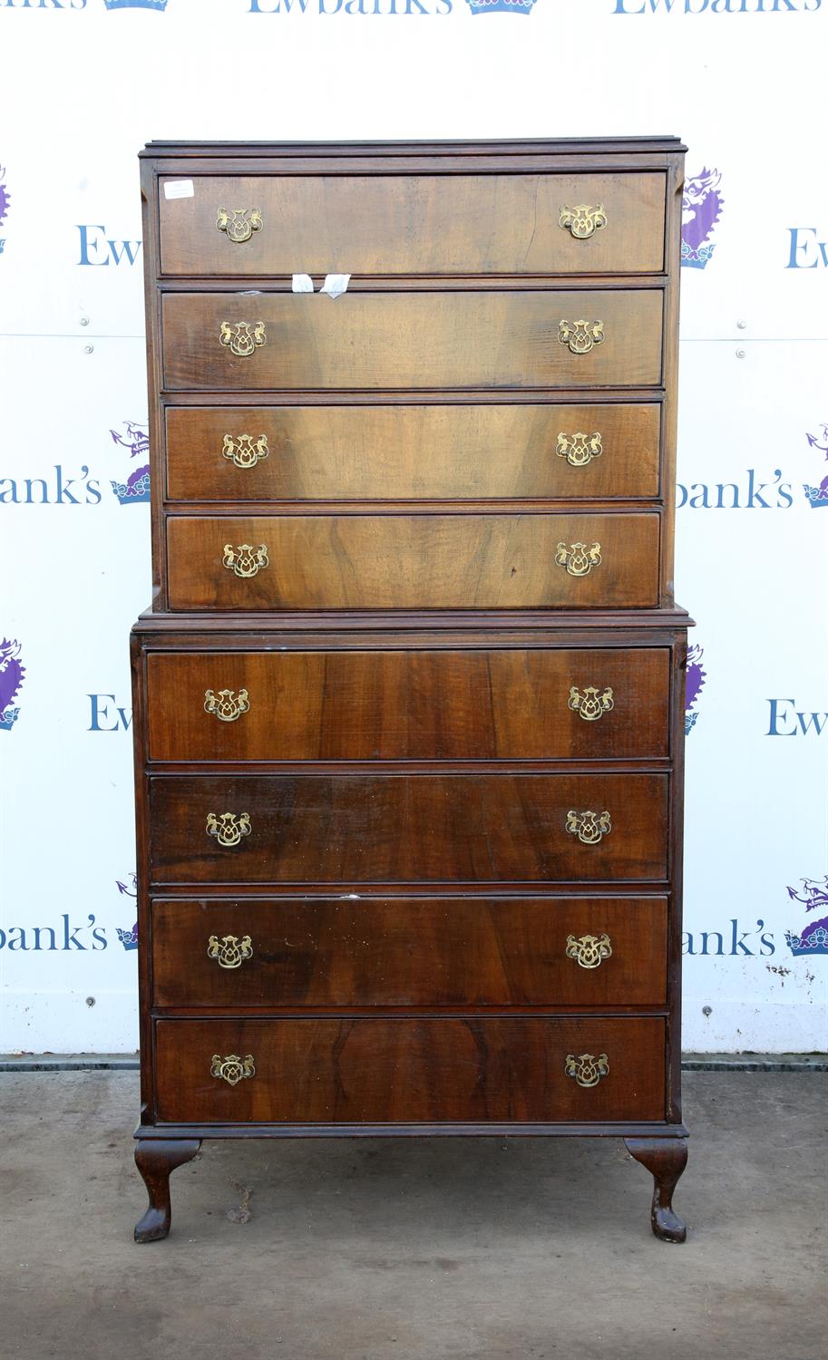 Reproduction mahogany chest on chest, of four over four drawers on squat cabriole legs,