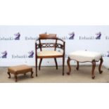 Early 20th century mahogany elbow chair with boxwood stringing, large Victorian walnut stool on