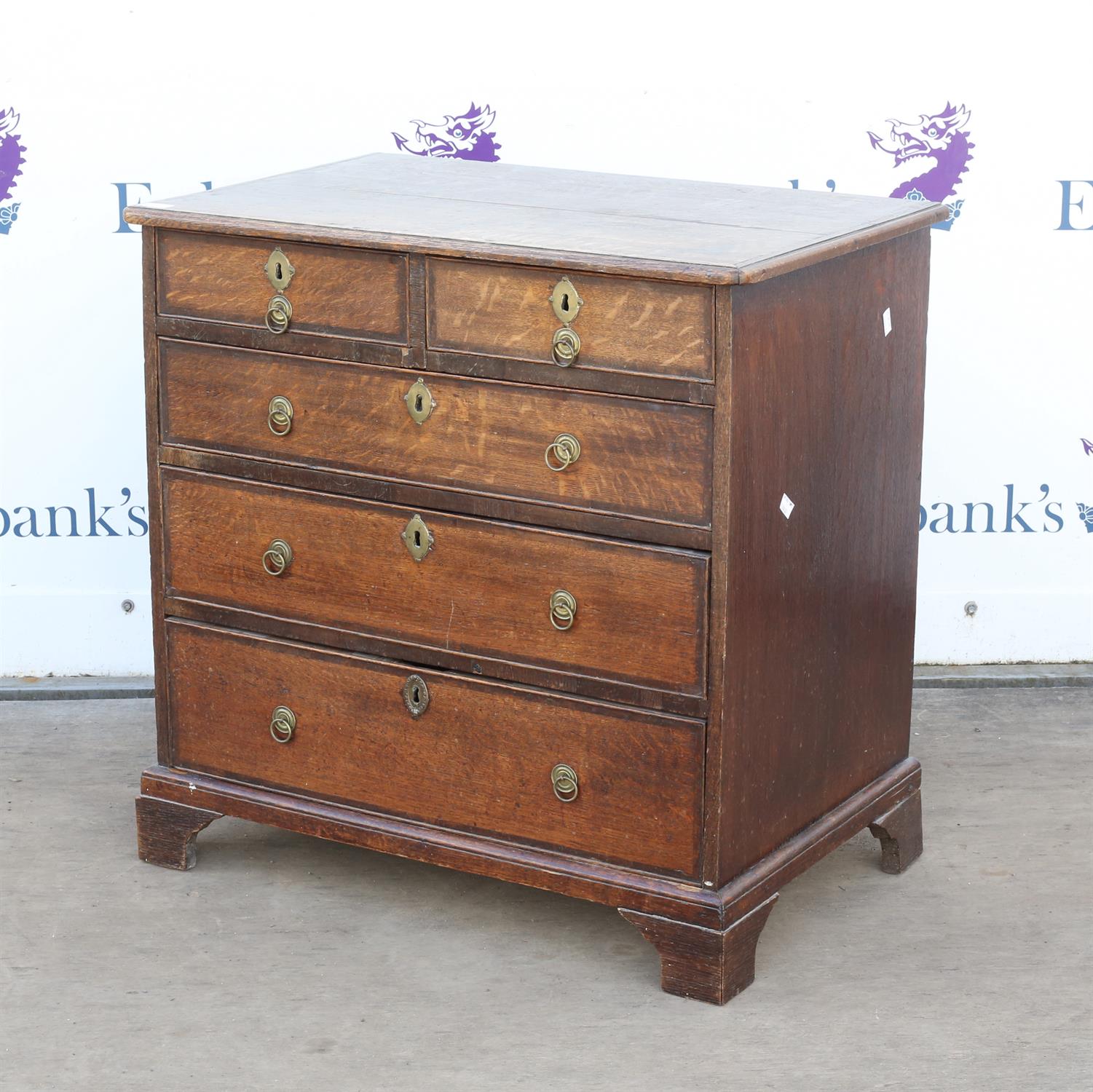 George II oak chest of two short and three long graduated drawers on later bracket feet, - Image 2 of 2