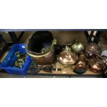 Metalware to include copper kettles, coal scuttle, balance scales and a quantity of weights