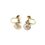 Pair of drop earrings, each set with two round cut paste stones, mounted in stamped 9 ct yellow