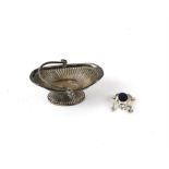 Edwardian, miniature silver basket with spring handle Birmingham 1907 and a miniature silver frog
