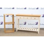 Oak and cream painted kitchen side table, with three frieze drawers and pot board, H80 W110 D35cm,