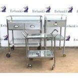 Emesay steel and glass medical trolley with single drawer, a similar larger trolley with two