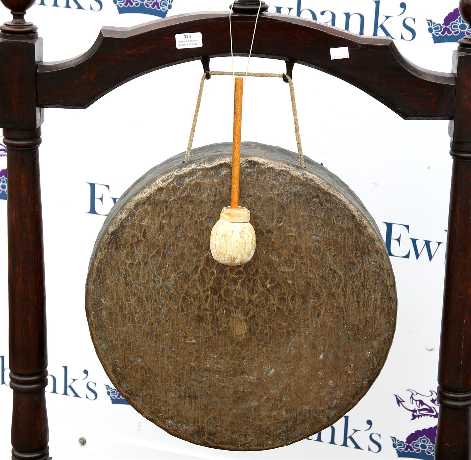 Large early 20th century bronze dinner gong 48cm dia. the stained mahogany stand H120cm W78cm - Image 2 of 2