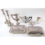 Quantity of silver plate to include a Ewer, large candlesticks and serving dishes