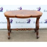 Victorian burr walnut side table, the shaped top on lyre shape supports, joined by a pole stretcher,