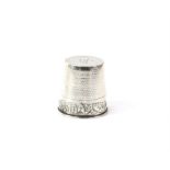 Novelty silver tot cup with form on thimble, “Just a thimbleful”