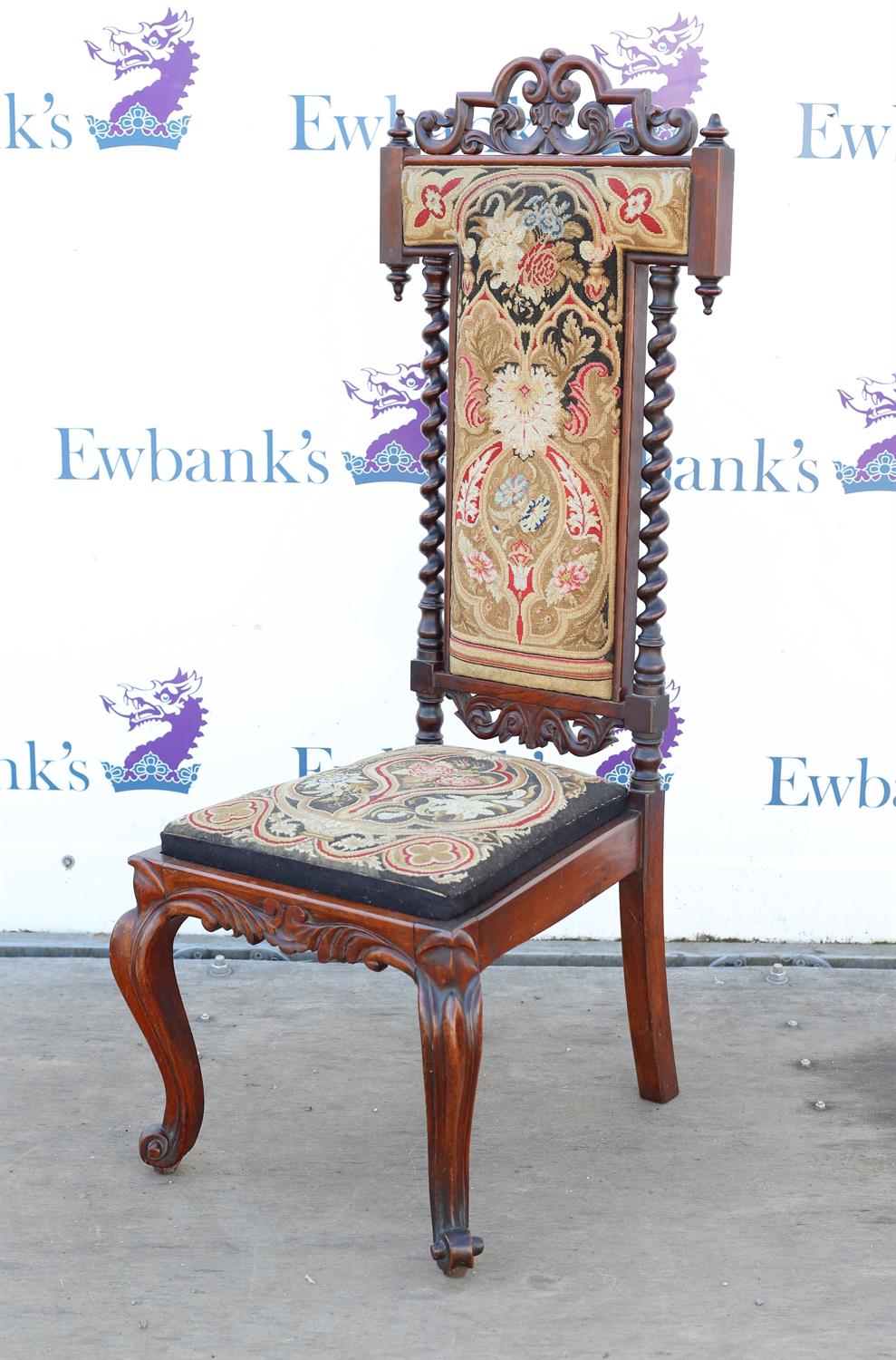 19th century rosewood prie dieu chair, with carved decoration and tapestry seat and back,