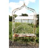 20th century white painted cast metal arbor bench, H203 x W111 x D51cm,