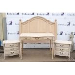 Limed wood bowfront dressing table, with turned legs, H78 W110 D60 cm, two limed wood bowfront