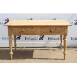 Victorian pine kitchen table, the rectangular top over two frieze drawers on turned tapering legs,