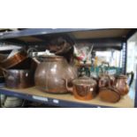 Copper and brass wares including kettles, coal helmets, urns and other metal wares