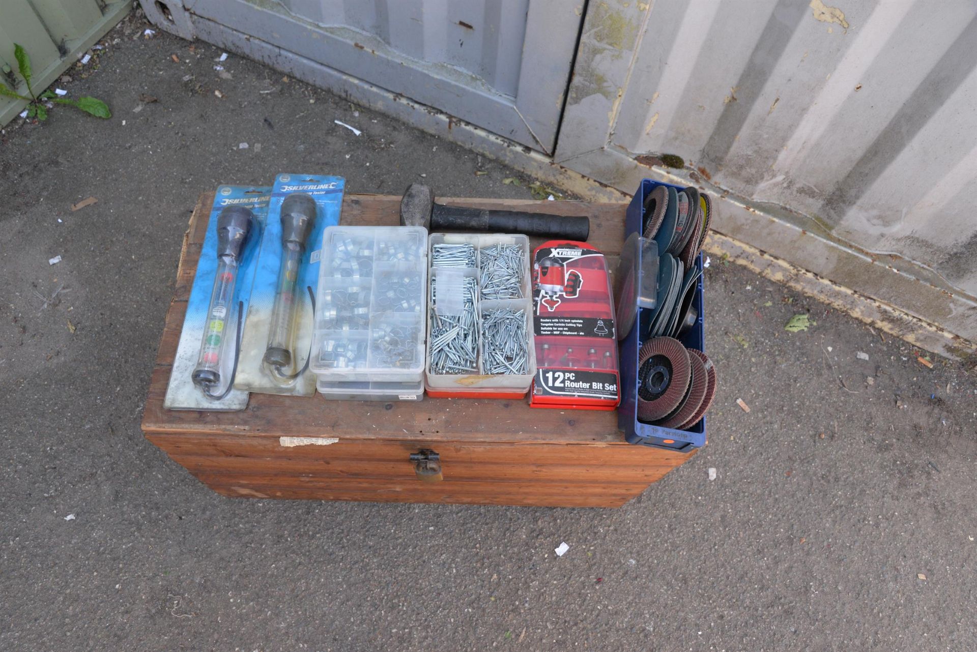 Assortment of tools and bits, grinding disk, anti freeze testers,