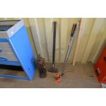 Two trolley jacks, heavy duty hammer, crow bar and a long breaker bar.