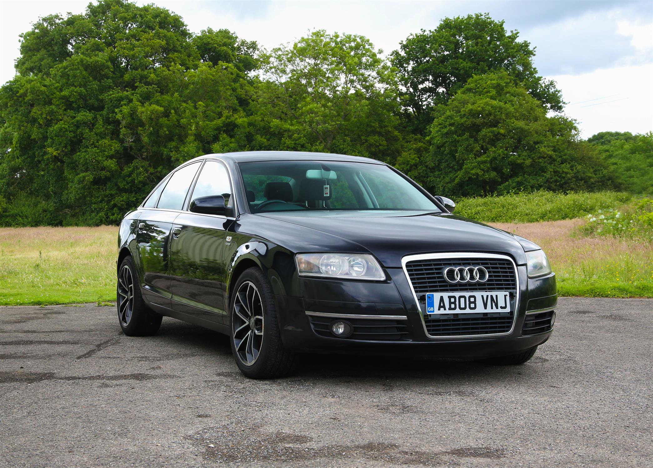 Black Audi A6 SE TDI. Registration number AB08 VNJ. 4 door saloon. First registered 25-06-2008.