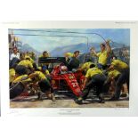Alan Fearnley, Coloured reproduction print, " Mansell's Debut Victory For Ferrari", signed,