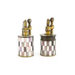 Pair of French brass and mother of pearl table lighters, engraved on the base Mrs Ada Watney